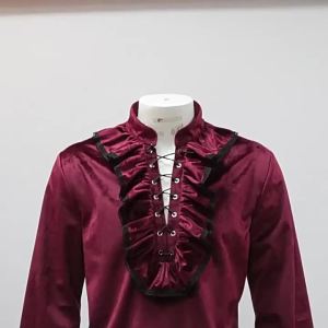 Vintage Mens Velvet Ruffle Shirts Medieval Victorian Blouse Long Sleeve Wine Red Lace Trim Steampunk Vampire Halloween Costume