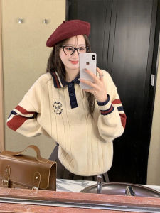 Casual Polo Neck Knitted Sweater Vintage Loose Versatile Lazy Style Autumn New Arrival Womens Fashion Polyester Fiber Long Sleeve