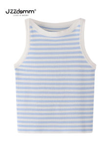 เสื้อกั๊กถักนิตติ้งลายทางสีน้ำเงินส้มสำหรับผู้หญิงในฤดูร้อน ทรงสลิมฟิต เสื้อเชิ้ตแฟชั่นลำลอง สไตล์วัยรุ่น แขนสั้น