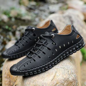 Outdoor Mens Sandals Large Size Summer Genuine Leather Casual Hollow out Shoes Soft Bottom Breathable Slip-On Rubber Sole