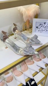 (LÙI 1 SIZE- ĐỌC MÔ TẢ) Giày ball nơ đá xám HALEY STORE cao gót 7cm bít mũi nhọn mika trong suốt đính nơ đá cô dâu tiểu thư công chúa đi tiệc