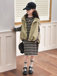Girls Autumn Fashion Dress Striped Long Sleeve T-shirt Spring Autumn Style Korean Version Childs Clothing Skirt for Ages 3-17