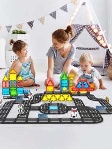 Childrens Building Blocks Road Construction Crane Traffic Sign Track Toy Railway Engineering Vehicle Magnetic Tile Playset