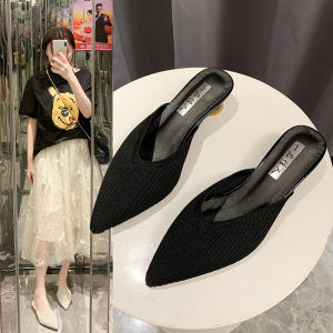 Womens Summer 2026 New Knitted Elastic Mule Slippers Fashion Pointed Toe mid Heel Retro Cover up Half Slippers Slip on Shoes