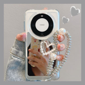 Huawei Mate 60 Pro+ Phone Case Pura80 New Version Makeup Mirror 3D Pearl Heart Chain Anti-Fall Womens Style Acrylic Material