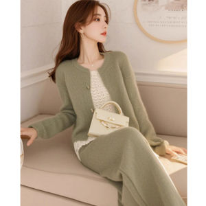 Elegant Green Knitted Open Cardigan High Waist Wide Leg Pants Womens High-End Slimming Two-Piece Set Korean Style Commute