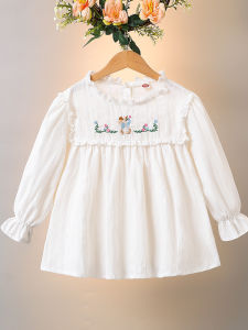 Princess Style Long Sleeve Embroidered Ruffle Collar Cotton Shirt for Girls Baby White Top Children Doll Shirt Spring Autumn