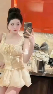 Set tiểu thư dễ thương đồ nữ thiết kế đi tiệc áo Ren hoa hai dây Quảng Châu buộc nơ lót kèm kèm chân váy bí bồng ngắn