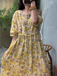 Retro Ramie Dress Womens Short-Sleeved Summer 2024 New Arrival Temperament Youthful-Looking Printed Waist-Controlled Slim Looking Linen Dress