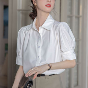Elegant White Shirt Womens Summer 2023 New Professional Short Sleeve Polo Neck Regular Length Polyester Fiber Fashionable Top