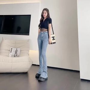 2024 Quần Ống Loe Ôm Dáng Co Giãn Cao Tôn Dáng Có Độ Co Giãn Cao Tôn Dáng Kiểu Tây Đính Hạt Đính Đá Mới Xuân Thu