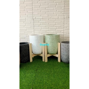 Pot Terracotta Pot Terasso Motif Model Kapsul Besar Variasi Warna + Standing Kayu Kaki 4 Pot Tanaman Hias Dekorasi Rumah
