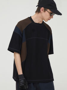Decesolo Vintage Sport T-Shirt Loose Shoulder Short Sleeve Patchwork Color Block Mesh Summer Casual round Neck Mens Top