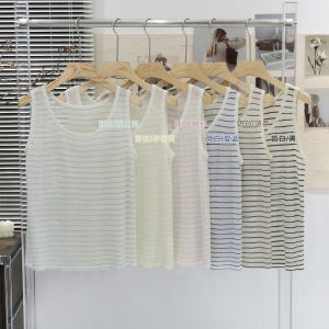 เสื้อกั๊กถักคอวีผ้าลินินบางลายทางสำหรับผู้หญิงในฤดูใบไม้ผลิและฤดูร้อน หลวม ระบายอากาศได้ดี ใส่ได้ทั้งในและนอก ไม่มีแขน