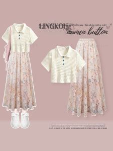 NUMEN BUTTON | Bộ Đồ Nữ Ngọt Ngào Dệt Kim Áo Tay Ngắn Chân Váy Hoa Giúp Gọn Gàng