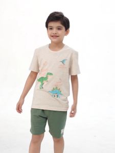 Bộ cộc tay bé trai mùa hè Bigfox Miss Meow vải cotton in khủng long size đại 3911 tuổi 30kg 40kg