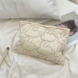 กระเป๋าเครื่องสำอางผ้าฝ้ายปักลายกระต่ายน่ารัก กระเป๋าใส่เครื่องสำอางแบบถือได้ น้ำหนักเบา ซิป กระเป๋าใส่ลิปสติกสำหรับเด็กผู้หญิง