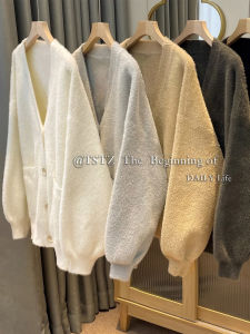 เสื้อคาร์ดิแกนถักขนกระต่ายสีขาว ทรงหลวม หนา สำหรับผู้หญิง ฤดูใบไม้ร่วง/ฤดูหนาว ทรงหลวม คอวี กระดุม แขนยาว เสื้อคลุมกันหนาว