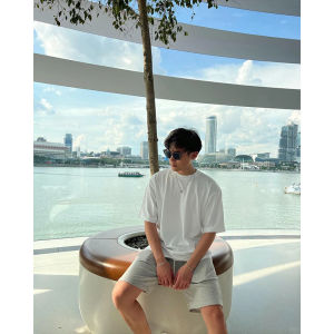 Heavyweight Pure Cotton Short Sleeve Mens T-shirt Summer Trendy Loose Fit Basic American Style Black Shoulder T-shirt