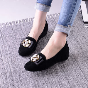 Elevated Japanese Style Womens Slip-On Shoes Leather Butterfly Knot Pearl round Toe Low Cut Fashionable Commute Footwear