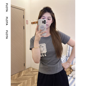 Flota Lace Patchwork Slim Fit Short Sleeve Summer Top Design Sense Shoulder Length Cotton Blend Stretchy Fabric round Neck