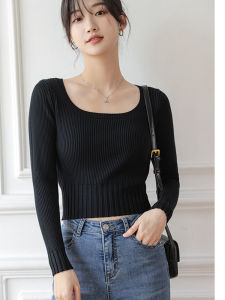 เสื้อสเวตเตอร์ถักคอเหลี่ยมแขนยาวทรงเข้ารูปสำหรับผู้หญิง เสื้อชั้นในสีขาว ทรงเข้ารูป เสื้อชั้นในสั้น เสื้อชั้นในแฟชั่นฤดูใบไม้ผลิและฤดูใบไม้ร่วง