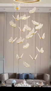 Lampu Gantung Tangga 9 Kepala Emas Lampu Hias Minimalis Modern 3.5meter LED 3 Warna Chandelier Lampu Gantung Kreatif Kupu-kupu Ruang Tamu Dupleks Kamar Tidur Tangga Vila Hotel ala