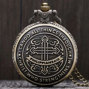 Vintage Style Bible Philippian Jesus Christ Christian Bronze Quartz Pocket Chain Watch Women Men Gift Fashion Necklace Clock