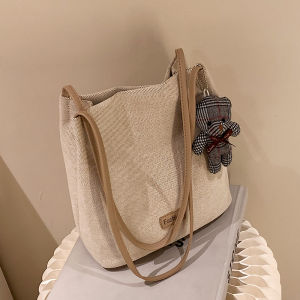 Fashionable Simple Bucket Bag Womens Handbag Spring New Style Matching Single Shoulder Bag Soft Cotton Magnetic Buckle Closure