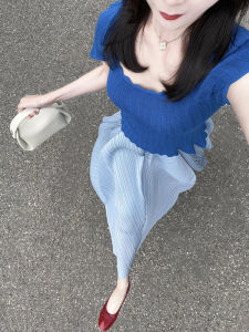 Blue Knitted Short Sleeve T-Shirt Womens Summer Slim Fit Square Collar Top Sweet Japanese Style Fashion Design Thinming Effect