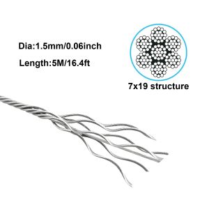 5M Wire Cable Rope Stainless Steel Wire Cable Rope Kits Garden Wire Cable Balcony Railing Farm Fence Roll Kits Outdoor Tent Roll