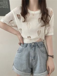 High Waist Knitted Ice Silk Heart Design Short Sleeve T-Shirt Womens Summer Fashion Casual Top Hollow out Detail Korean Style