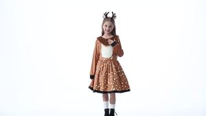 Girls Forest Spotted Deer Dress Kids Animal Costume With Antler Headband Halloween Enchanted Forest Theme Outdoor Outfit PS66