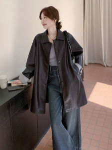 Black Retro Striped Splicing Eco-Leather Jacket Womens Autumn New Style Classy Collar Mid-Length Coat PU Leather Coat