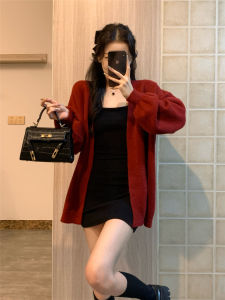 Christmas Red Loose Knitted Sweater Coat Womens Lantern Sleeve Autumn Winter Outerwear Shoulder Shawl Open Cardigan