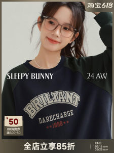 Sleepy Bunny Contrast Color Letter Printed Crew Neck Sweatshirt Female Slim Looking Loose Raglan Sleeve Niche Style American Retro Tops