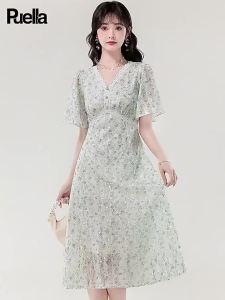 puella | Vintage Floral Elegance Slimming V-Neck Waist-Cinching Dress