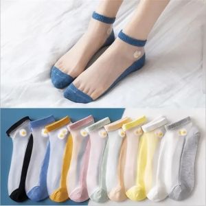 Cute Daisy Glass Stocking Woman Summer Breathable Ankle Silk Sock Girl Lace Ultra-thin Transparent Sox Fashion Flower Harajuku Invisible Sock