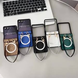 szhaiyu | Leather Magnetic Case For Magsafe with Wrist Strap Shockproof Hinge Protective Cover for Samsung Galaxy Z Flip 8 7E 7 6 5 4 3