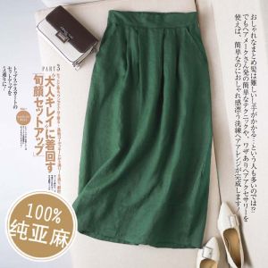 Tagkita Spring Summer 2023 New Womens A-Line Hemp Blend Skirt High Waist Midi Dress with Pocket Artistic Style