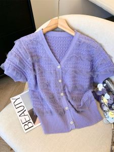 Mesh Wooden Ear Patchwork Short Sleeve Knitwear Womens Summer Single Breasted Ice Silk Cardigan Pure Desire V Neck Small Top