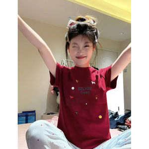 American Style Wine Red Cartoon Print round Neck Short Sleeve T-Shirt Women Summer Slim Fit Versatile Casual Top Cotton
