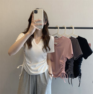 Womens Slim Fit Short Sleeve T-Shirt V-Neck Drawstring Pure Color Summer 2024 Fashionable Casual Wear Polyester Material