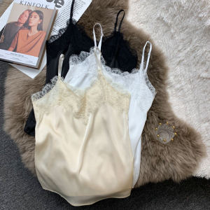 เสื้อกั๊กสายเดี่ยวผ้าซาตินอะซิเตท คอวี ดีไซน์เซ็กซี่ แขนสั้น ชั้นใน ชั้นนอก สำหรับผู้หญิง ชุดชั้นในสุดเก๋