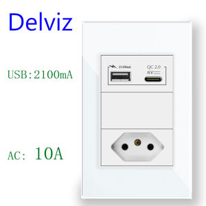 Delviz USBC Charging Wall Socket 5V USB Ports Electric plug 10A Outlet120mm*72mm Glass Panel Brazil Standard 20A Power Socket