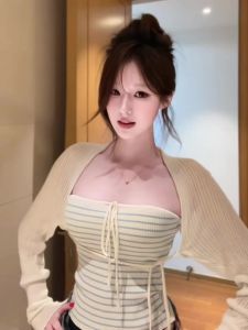 Hot Girl Knitted Long Sleeve Slim Fit Striped Tube Top And Vest Two Piece Set Womens Fashion Autumn Wear Polyester Fabric