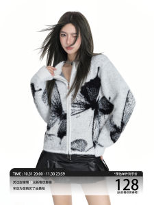 สีเทาสไตล์อเมริกัน Waterfront ขนแกะ Double Zipper เสื้อกันหนาวผู้หญิงถักสั้นเสื้อสเวตเตอร์ถักบาง