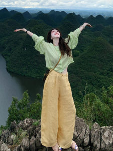 Early Autumn Cute Little Set Womens Dopaamine Casual Very Good Looking White Shirt Wide Leg Pants High Waist Loose Fit