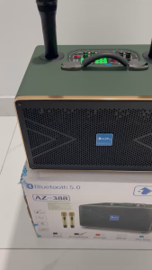 Loa xách tay Bluetooth chính hãng AzproAz-388 Bass 15-9 đường tiếngTùng gỗ bọc daTặng 2mic không dây vỏ kim loại sóng UHF