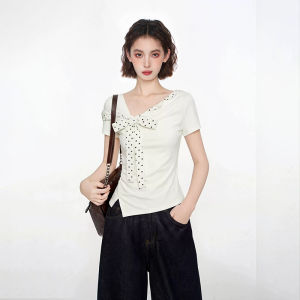 BAIDAIFEI | V-Neck Polka Dot Belted Waist T-Shirt